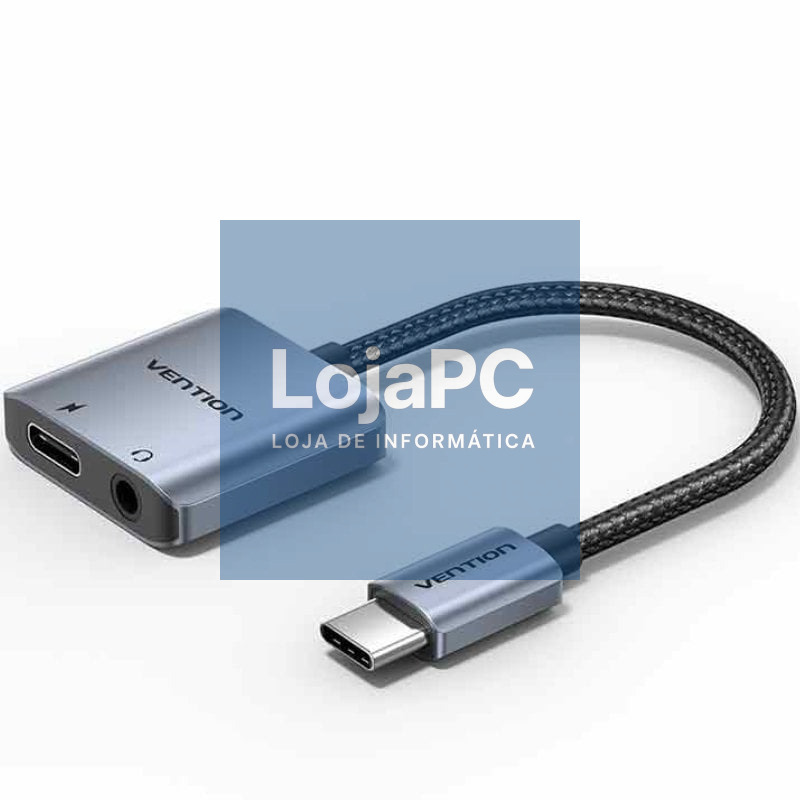 Adaptador Audio Vention BIGHA/ USB Tipo-C Macho - Jack 3.5 Fêmea/ USB Tipo-C PD Fêmea/ Cinzento