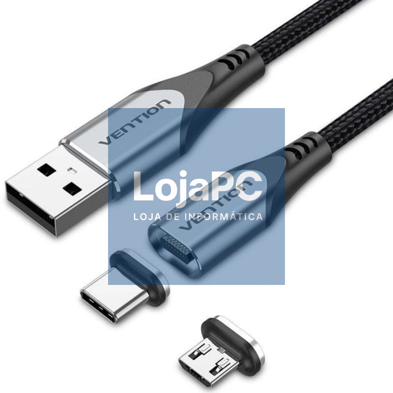 Cabo de Carga Magnético USB Tipo-C com Adaptador MicroUSB Vention CQMHD/ MicroUSB Macho - USB Tipo-C Macho/ USB Macho/ até 60W/ 480Mbps/ 50cm/ Cinzento