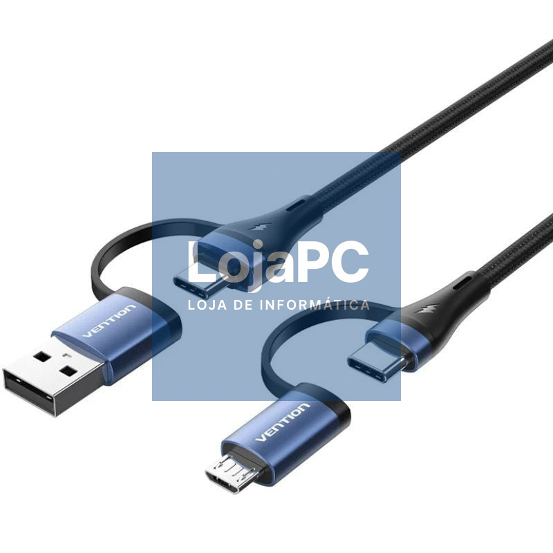 Cabo USB 2.0 Tipo-C Vention CTLLF/ USB Tipo-C Macho - USB Macho/ MicroUSB Macho - USB Tipo-C Macho/ até 100W/ 480Mbps/ 1m/ Preto y Azul