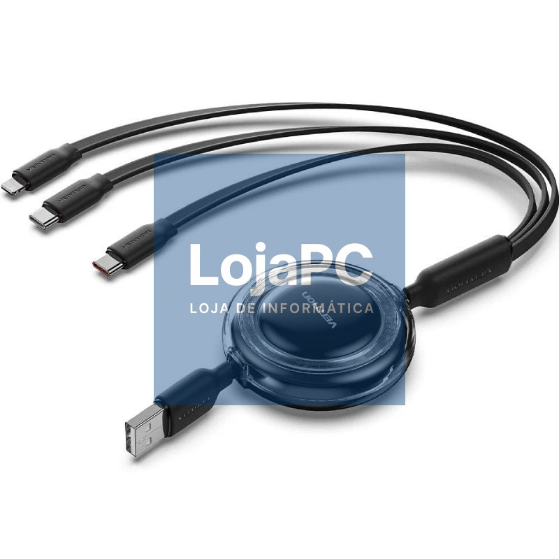 Cabo USB Retráctil Vention TRJBBE/ USB Macho - Lightning/ 2xUSB Tipo-C/ até 17.5W/ 10Gbps/ 1.1m/ Preto
