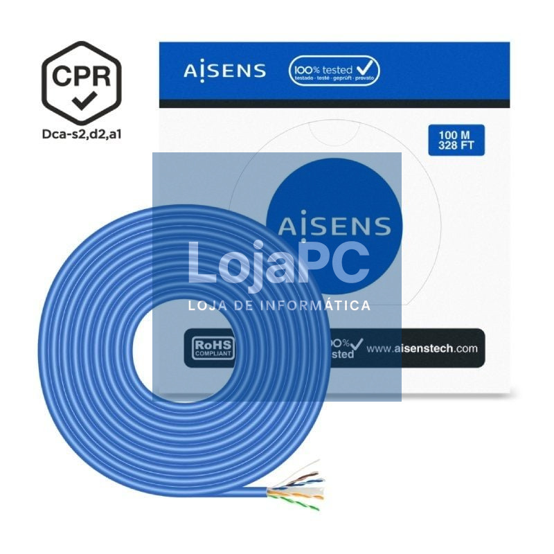 Bobina de Cabo RJ45 UTP AWG24 LSZH CPR Dca Aisens A135-0662 Cat.6/ 100m/ Azul
