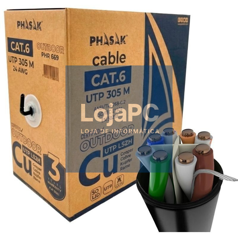 Bobina de Cabo RJ45 UTP Phasak PHR 669 Cat.6/ 305m/ Cinzento