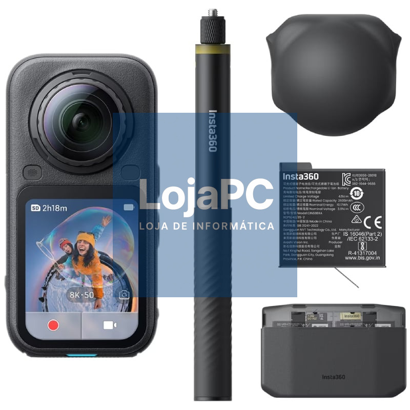 Câmara Digital Desportiva Insta360 X6 Pack Essential/ 8K/ Ángulo de visão 360º/ Preta/ inclui Stick, Baterias, Bolsa y Capuchón de Lente