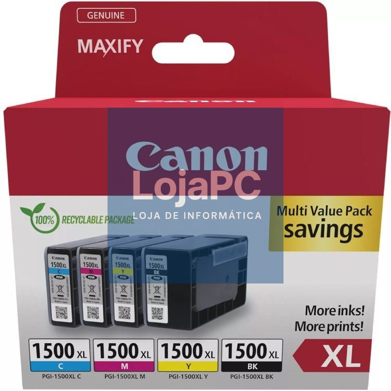 Tinteiro Original Canon PGI-1500XL Multipack Alta Capacidade/ Ciano/ Magenta/ Amarelo/ Preto