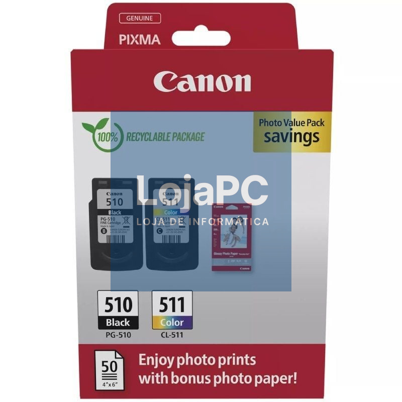 Tinteiro Original Canon PG-510 + CL-511 Multipack/ Preto/ Tricolor + Papel fotográfico