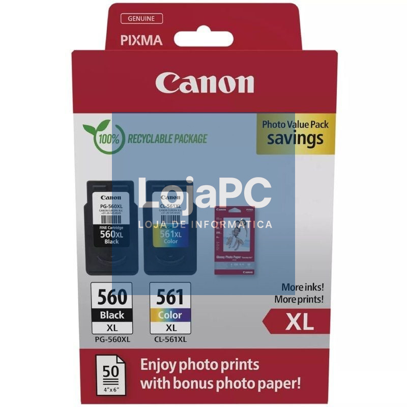 Tinteiro Original Canon PG-560XL + CL-561XL Multipack Alta Capacidade/ Preto/ Tricolor + Papel fotográfico