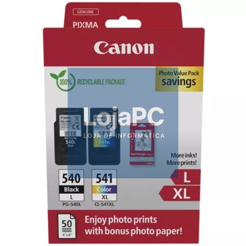 Tinteiro Original Canon PG-540L + CL-541 XL Multipack Alta Capacidade/ Preto/ Tricolor + Papel fotográfico