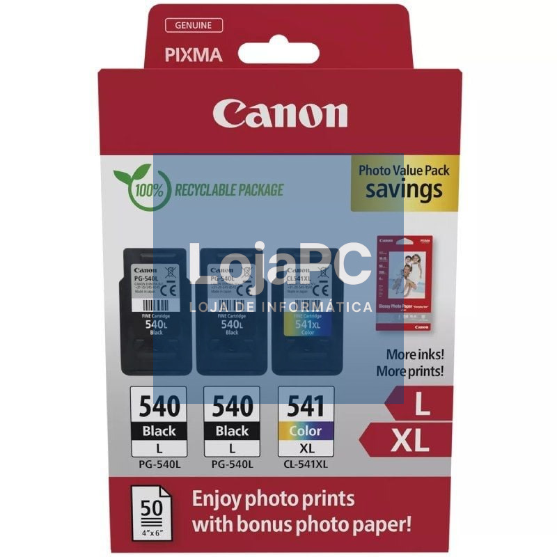 Tinteiro Original Canon PG-540L + CL-541 XL Multipack Alta Capacidade/ 2x Preto/ Tricolor + Papel fotográfico