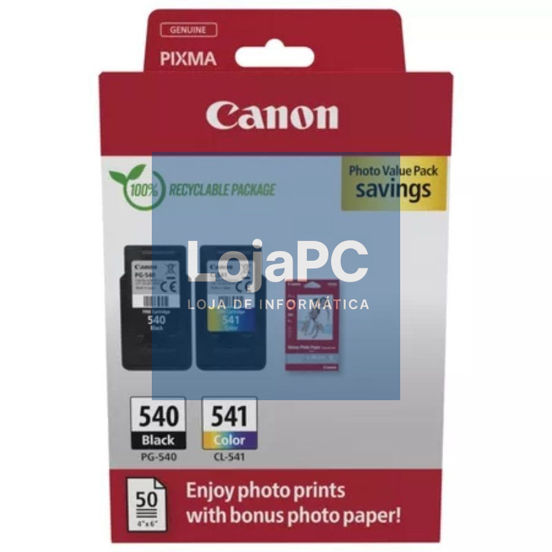 Tinteiro Original Canon PG-540 + CL-541 Multipack/ Preto/ Tricolor + Papel fotográfico