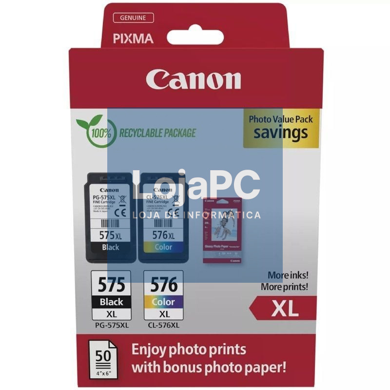 Tinteiro Original Canon PG-575XL + CL576XL Multipack Alta Capacidade/ Preto/ Tricolor + Papel fotográfico