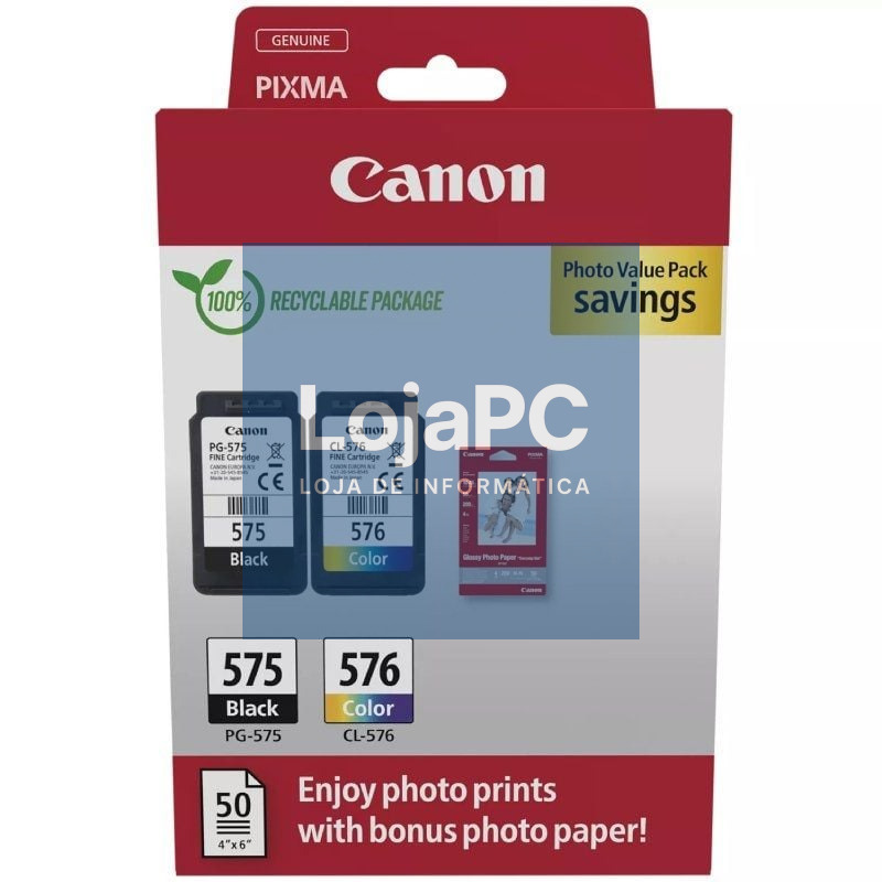 Tinteiro Original Canon PG-575 + CL-576 Multipack/ Preto/ Tricolor + Papel fotográfico