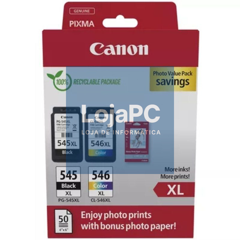 Tinteiro Original Canon PG-545XL + CL546XL Multipack Alta Capacidade/ Preto/ Tricolor + Papel fotográfico