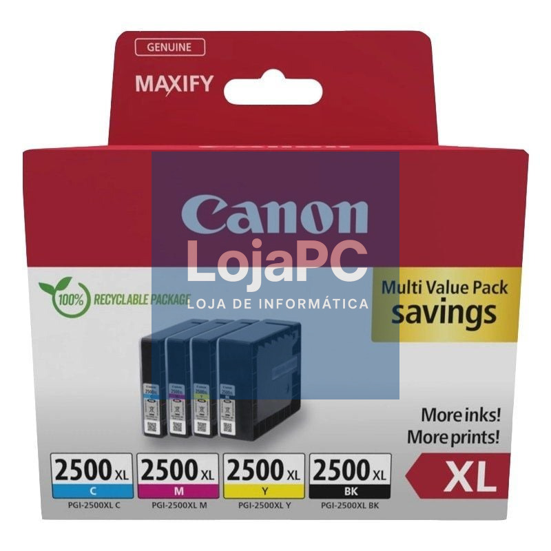 Tinteiro Original Canon PGI-2500 XL Multipack Alta Capacidade/ Ciano/ Magenta/ Amarelo/ Preto
