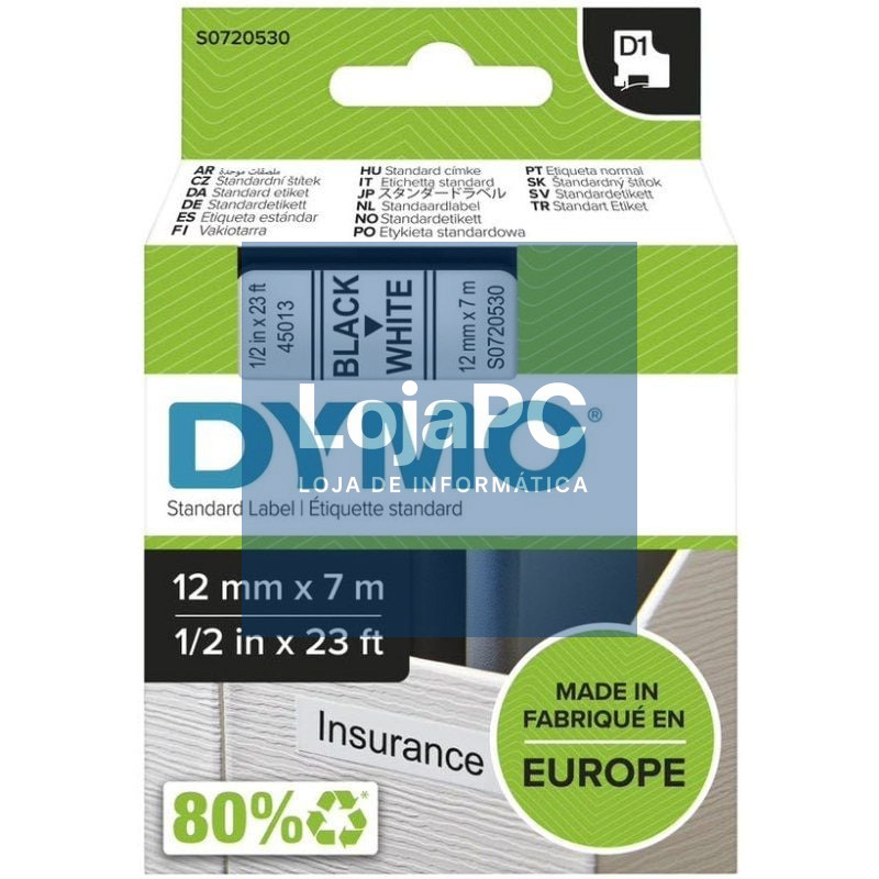 Cinta Rotuladora Adhesiva de Plástico Dymo D1 45013/ para Label Manager/ 12mm x 7m/ Preta-Branca