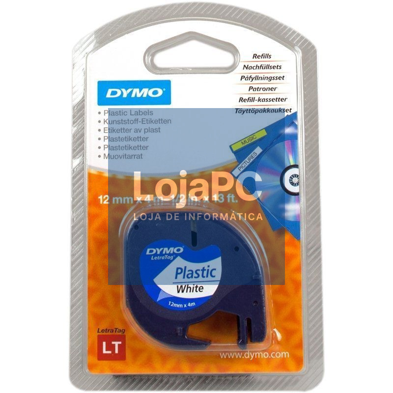 Cinta Rotuladora Adhesiva de Plástico Dymo 91221/ para Letratag/ 12mm x 4m/ Preta-Branca