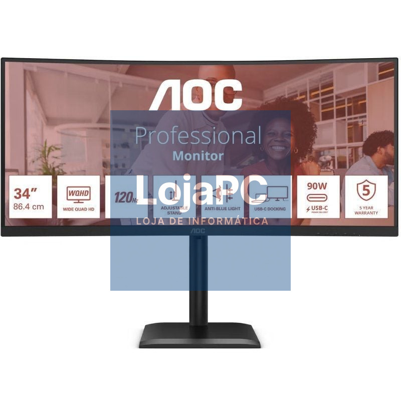 Monitor Profissional Ultrapanorámico Curvo AOC CU34E4CV 34'/ WQHD/ Multimedia/ Regulável en altura/ Preto
