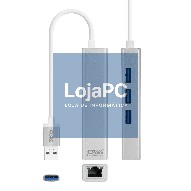Hub USB 3.0 Nanocable 10.03.0403/ 3xUSB/ 1xRJ45/ Cinzento