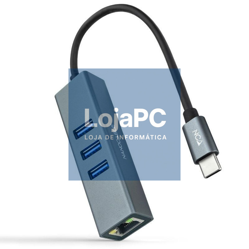 Hub USB Tipo-C Nanocable 10.03.0408/ 3xUSB/ 1xRJ45/ Cinzento