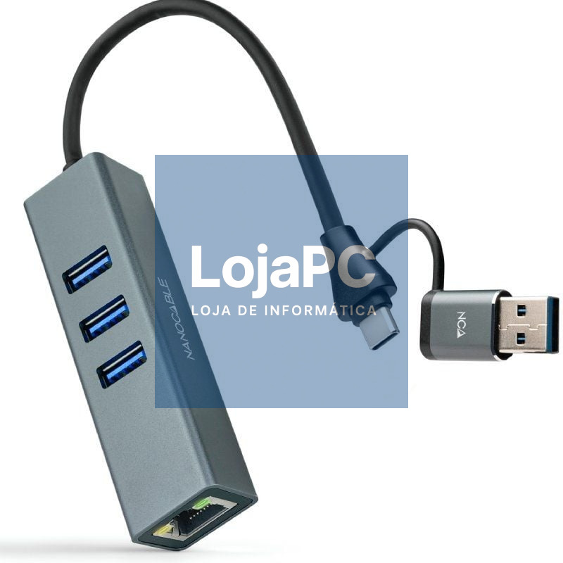 Hub USB + USB Tipo-C 3.0 Nanocable 10.03.0412/ 3xUSB/ 1xRJ45/ Cinzento