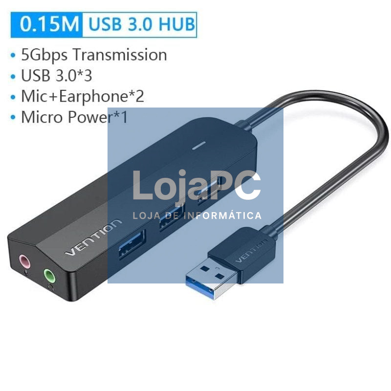 Hub USB 3.0 com Placa de som Vention CHIBB/ 3xUSB/ 1xMicroUSB PD
