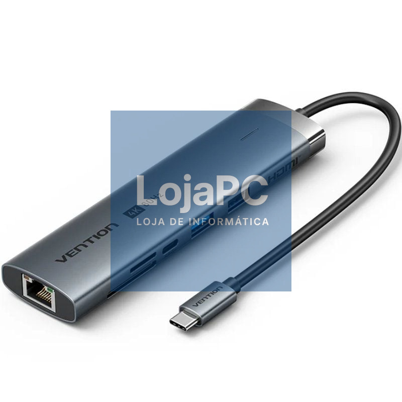 Hub USB Tipo-C 3.2 Vention TGVHB/ 2xUSB/ 1xUSB Tipo-C PD/ 1xUSB Tipo-C/ 1xRJ45/ 1xLector de Cartões/ 1xJack 3.5mm/ 1xHDMI/ Cinzento
