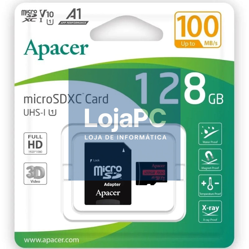 Cartão de memória Apacer 128GB XC UHS 1 com Adaptador/ Classe 10/ 100MBs
