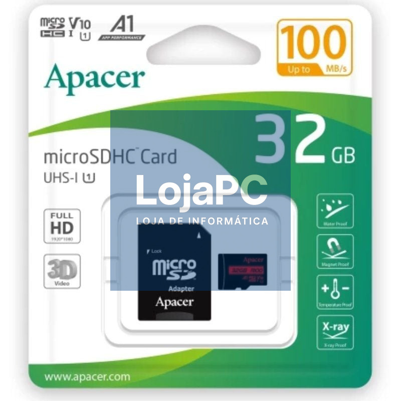 Cartão de memória Apacer 32GB microSD HC UHS 1 com Adaptador/ Classe 10/ 100MBs