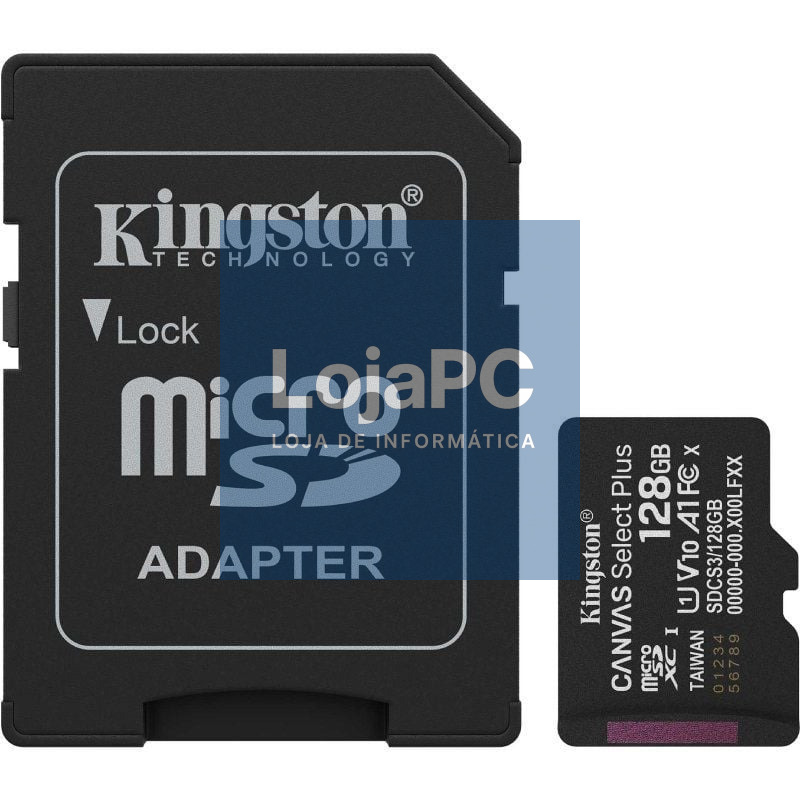 Cartão de memória Kingston CANVAS Select Plus 128GB microSD XC com Adaptador/ Classe 10/ 150MBs