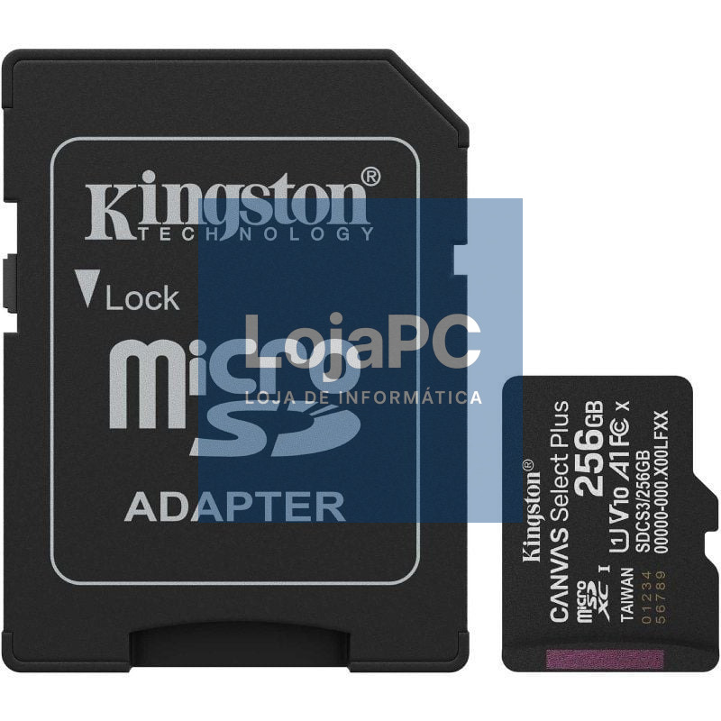 Cartão de memória Kingston CANVAS Select Plus 256GB microSD XC com Adaptador/ Classe 10/ 150MBs