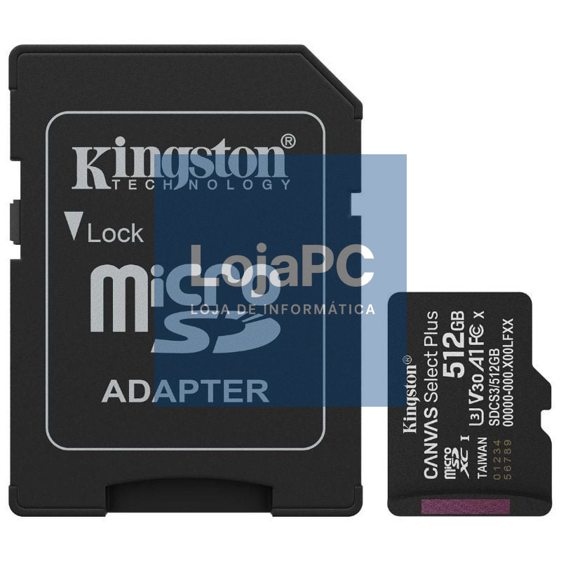 Cartão de memória Kingston CANVAS Select Plus 512GB microSD XC com Adaptador/ Classe 10/ 150MBs