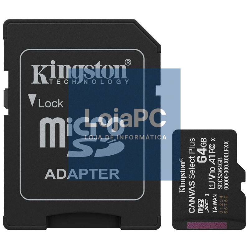 Cartão de memória Kingston CANVAS Select Plus 64GB microSD XC com Adaptador/ Classe 10/ 100MBs