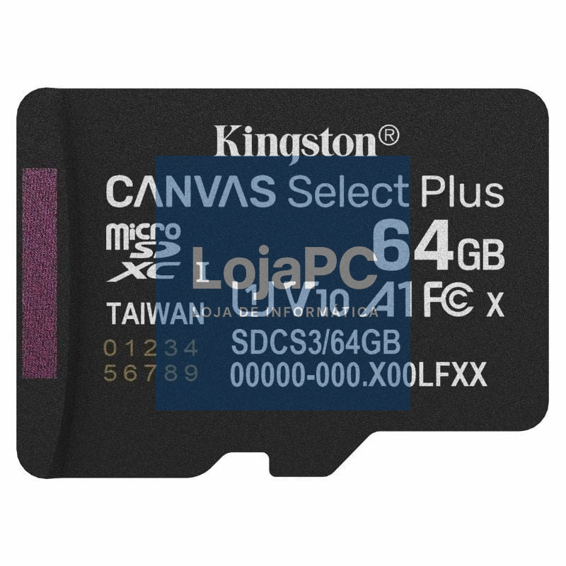 Cartão de memória Kingston CANVAS Select Plus 64GB microSD XC/ Classe 10/ 100MBs