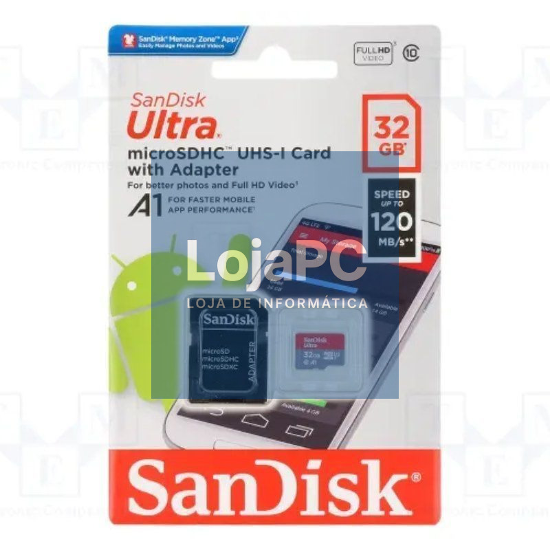 Cartão de memória SanDisk Ultra 32GB microSD HC UHS-I com Adaptador/ Classe 10/ 120MBs