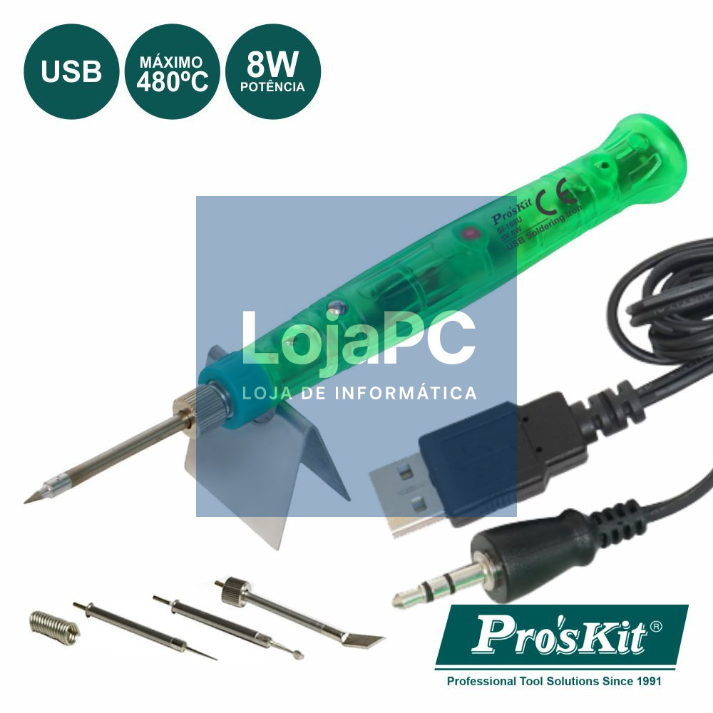 FERRO DE SOLDAR 8W C/ LIGAÇÃO USB 5V E ACESSÓRIOS PROSKIT