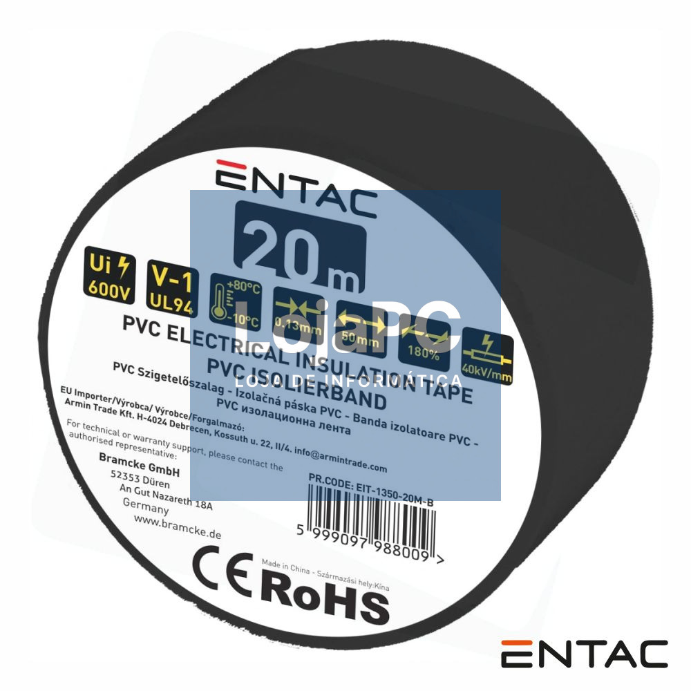 Fita Isoladora Preto 20M 0.13x50mm ENTAC