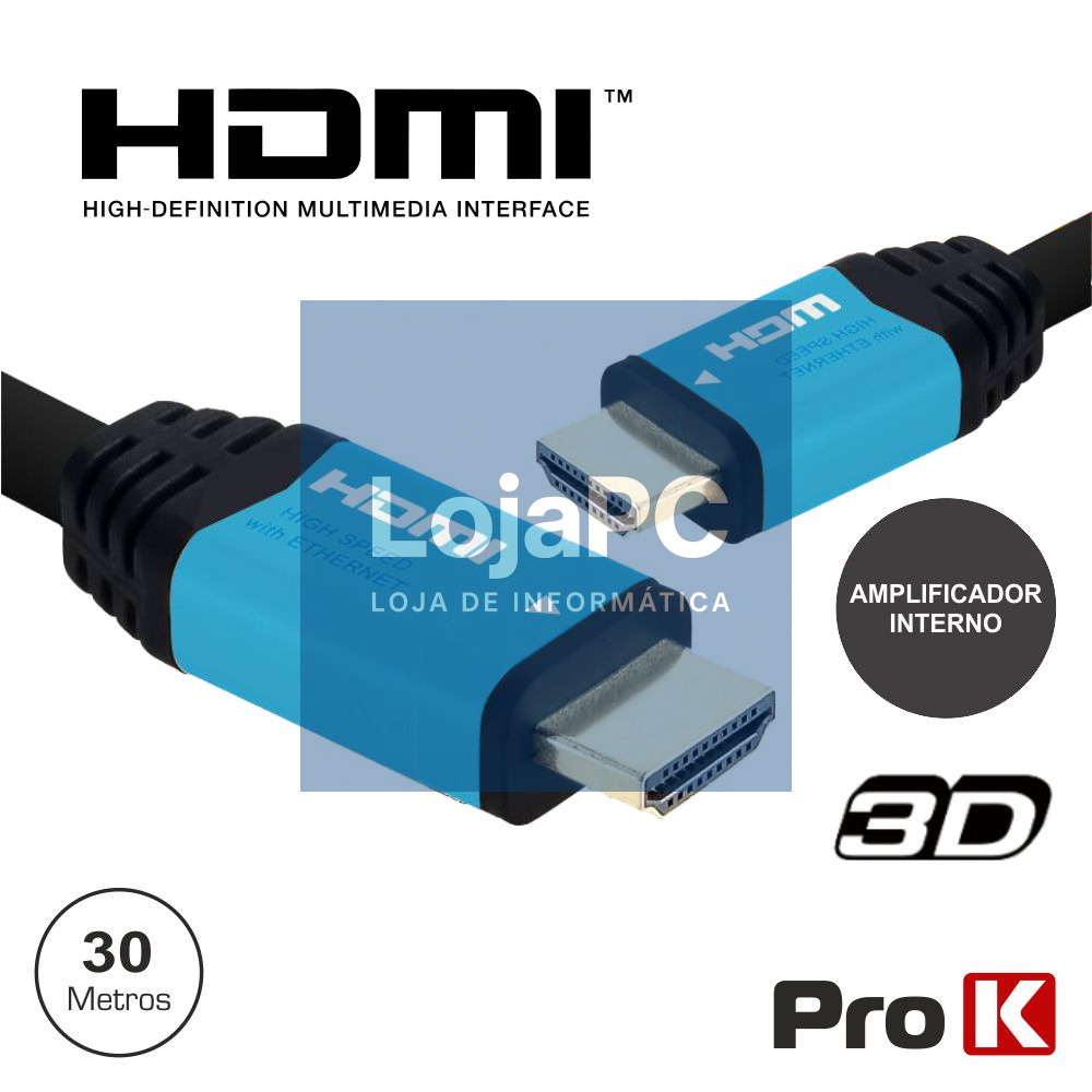 CABO HDMI DOURADO MACHO / MACHO C/ AMPLIFICADOR 30M PROK