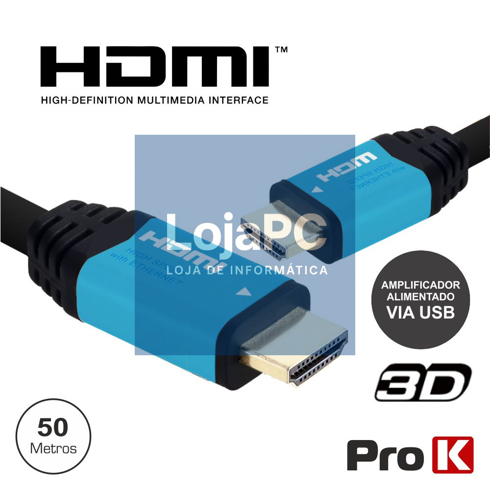CABO HDMI DOURADO MACHO / MACHO C/ AMPLIFICADOR 50M PROK