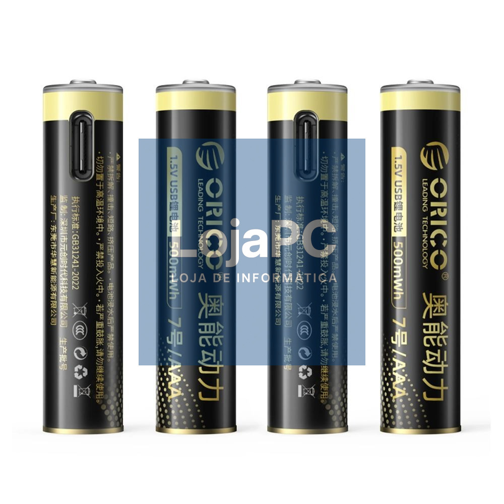 Pilha Lítio AAA Recarregável Por USB-C 1.5V 500mWh x4