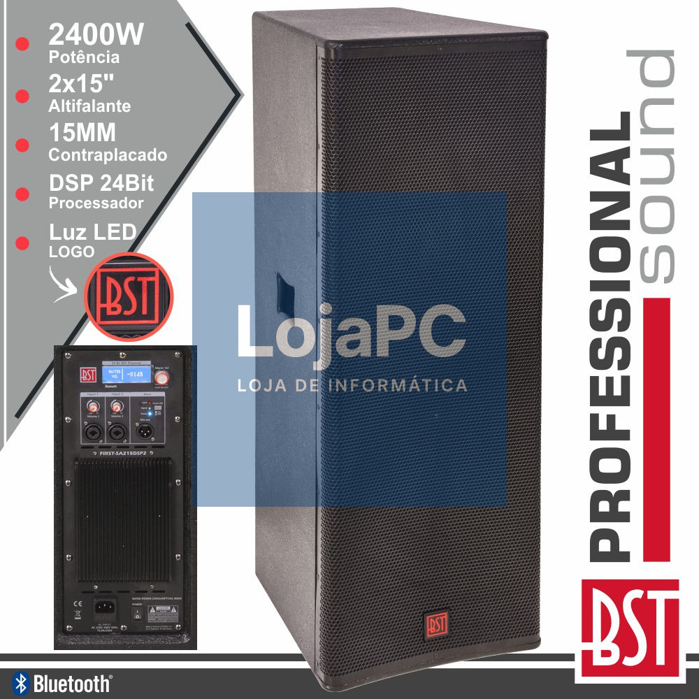COLUNA AMPLIFICADA PRO 2X15" 2400W 4 MODOS BT 15MM MDF BST