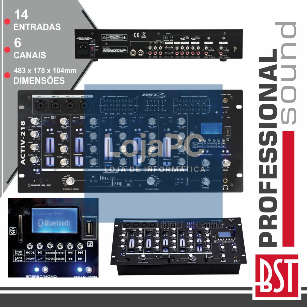 MESA DE MISTURA 6 CANAIS 14 ENTRADAS USB/BT/SD BST