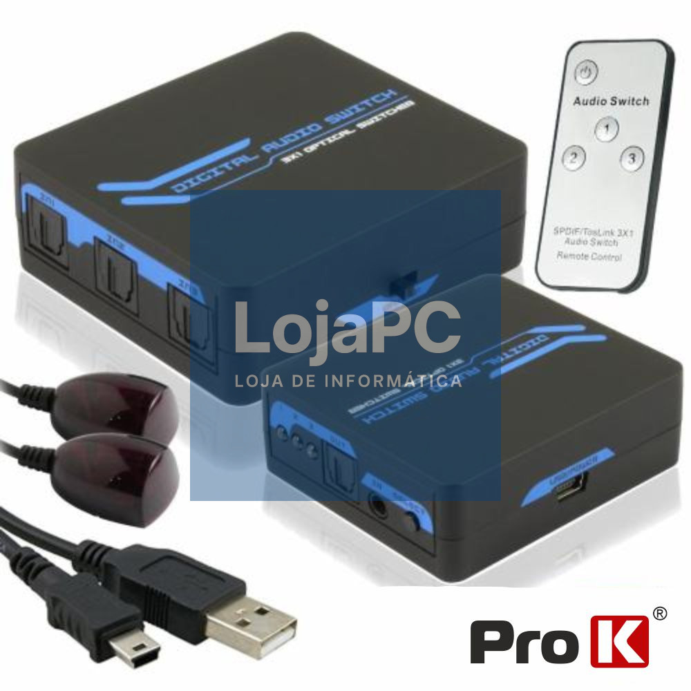 DISTRIBUIDOR COMUTADOR TOSLINK 3 ENTRADAS 1 SAÍDA PROK