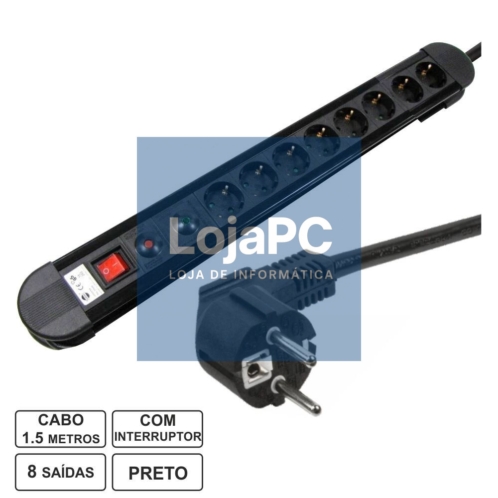 TOMADA ELÉTRICA C/ 8 SAÍDAS INTERRUPTOR PROTEÇÃO 1.5M EDH