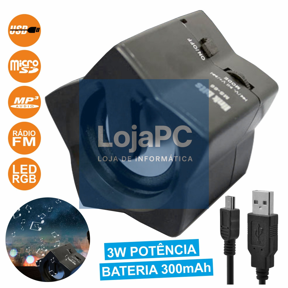 COLUNA PORTÁTIL 3W USB/SD/FM/AUX/BAT LEDS RGB