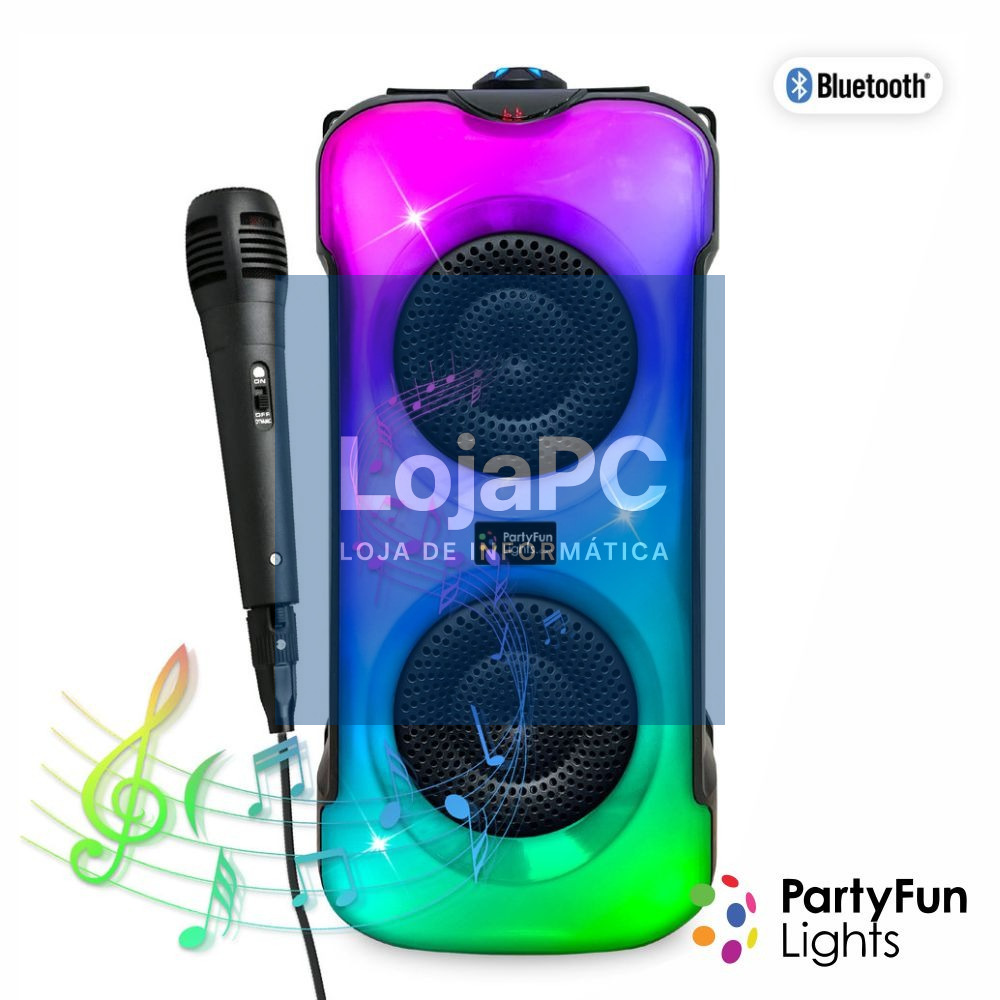 Coluna C/ Microfone 2x10W USB/BT/SD/AUX/FM LED PARTYFUN