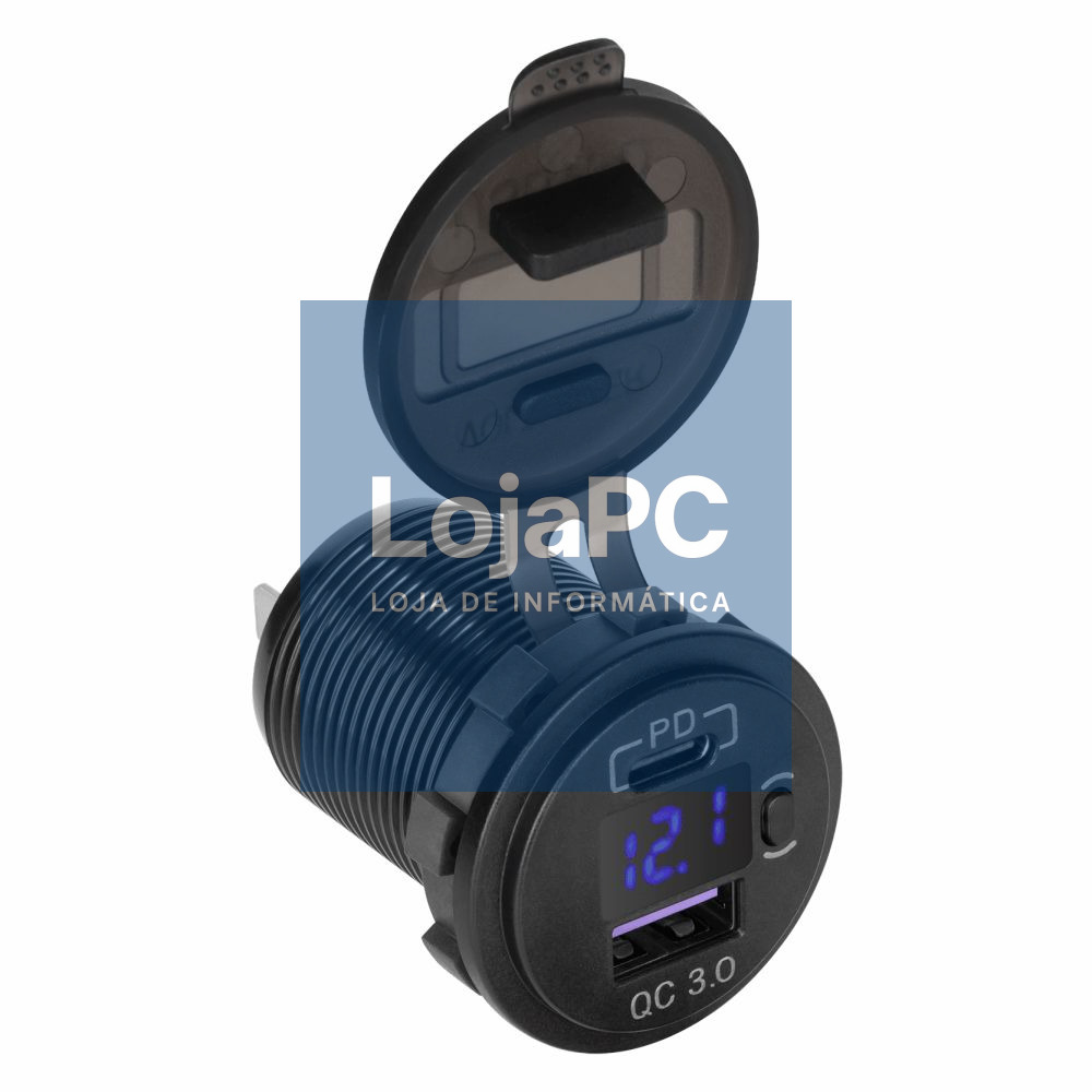 Tomada Dupla USB-A / USB-C de Embutir C/ Voltímetro QC3.0