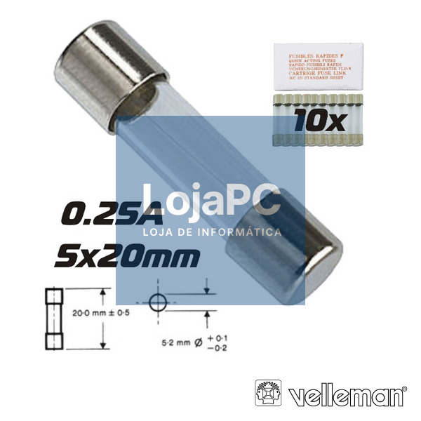 FUSÍVEL 5X20 FUSÃO LENTA 0.25A (10X) VELLEMAN
