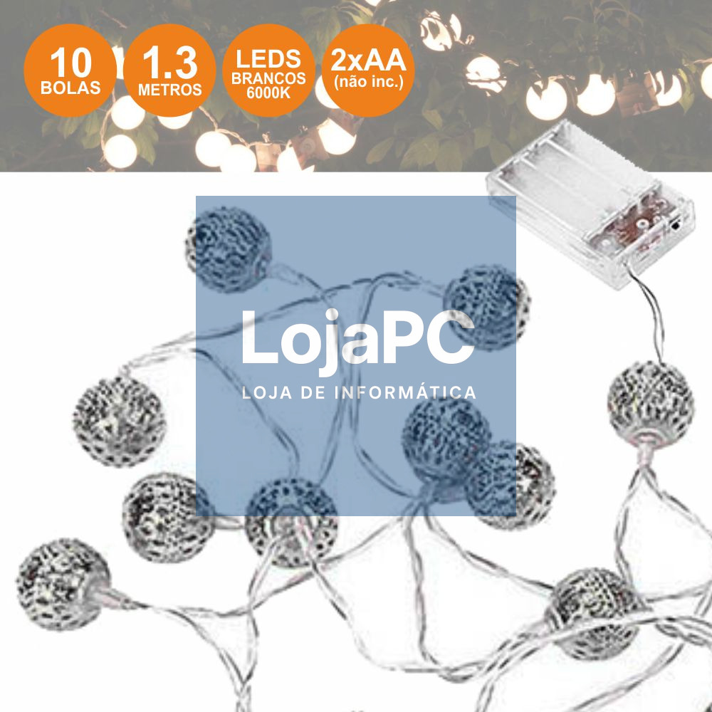 GRINALDA DE 10 BOLAS PRATEADAS LED BRANCO FRIO 1.3M