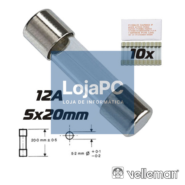 FUSÍVEL 5X20 FUSÃO LENTA 12A (10X) VELLEMAN