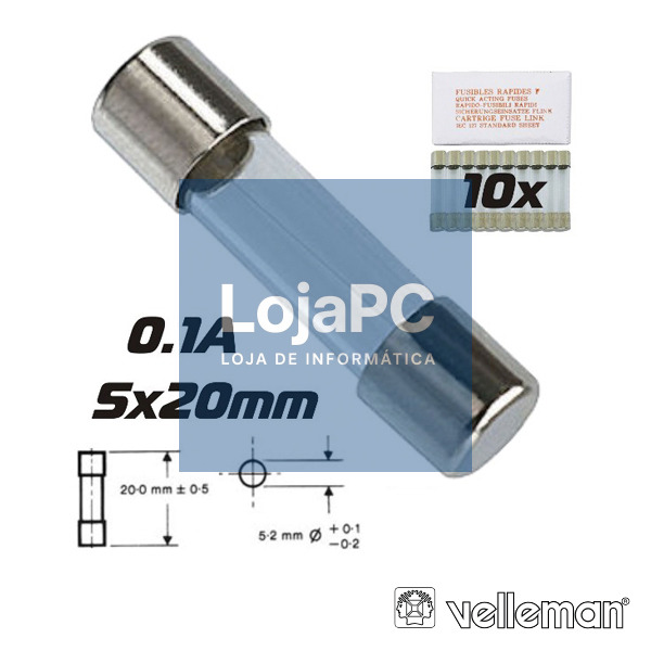 FUSÍVEL 5X20 FUSÃO LENTA 0.1A (10X) VELLEMAN