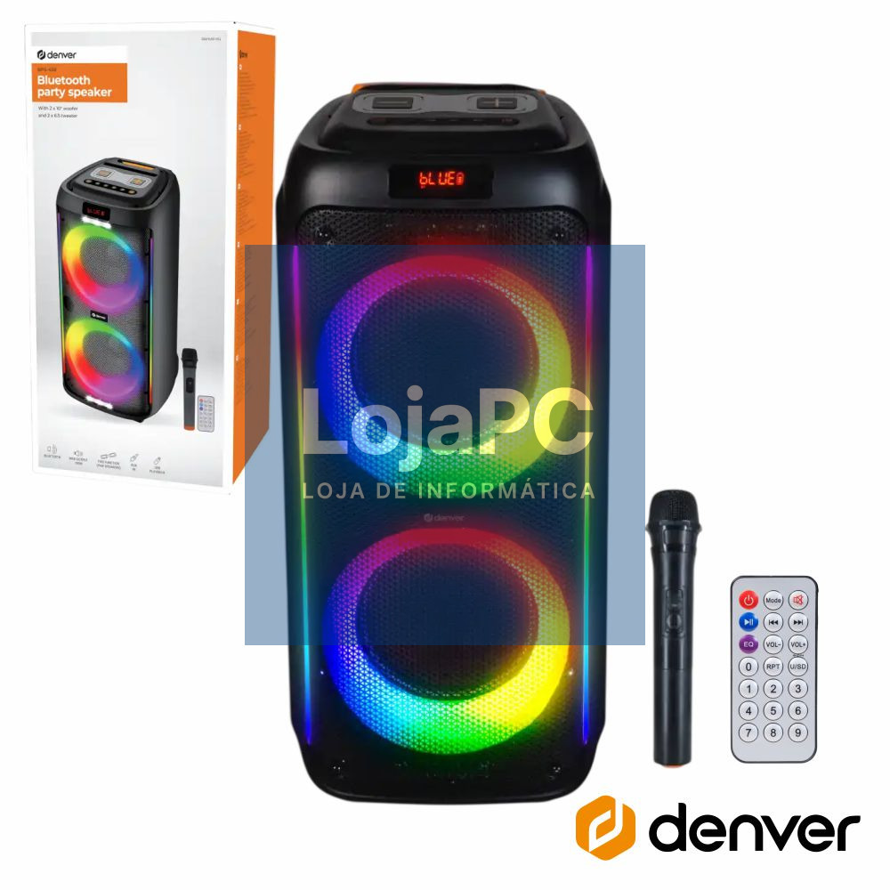 Coluna Amplificada 2x10" 1000W USB/BT/SD/AUX TWS RGB DENVER